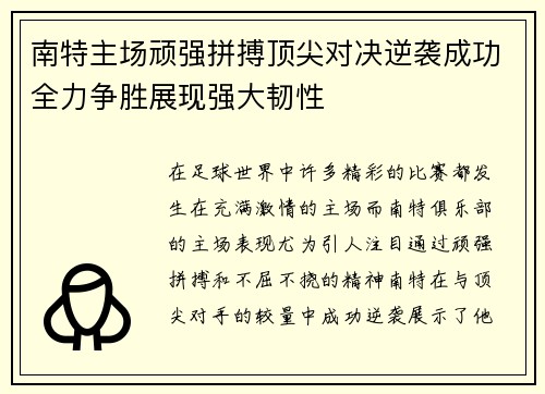 南特主场顽强拼搏顶尖对决逆袭成功全力争胜展现强大韧性