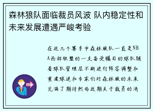 森林狼队面临裁员风波 队内稳定性和未来发展遭遇严峻考验