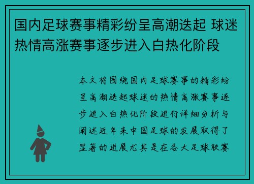 国内足球赛事精彩纷呈高潮迭起 球迷热情高涨赛事逐步进入白热化阶段