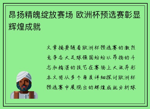 昂扬精魄绽放赛场 欧洲杯预选赛彰显辉煌成就