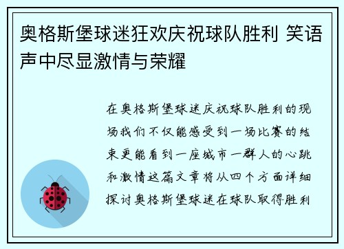 奥格斯堡球迷狂欢庆祝球队胜利 笑语声中尽显激情与荣耀