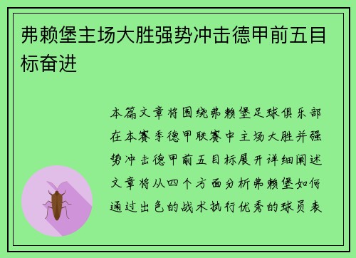 弗赖堡主场大胜强势冲击德甲前五目标奋进