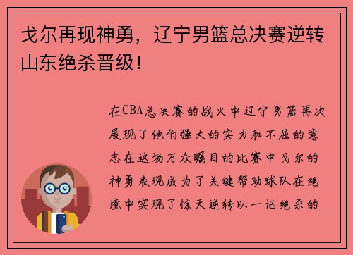 戈尔再现神勇，辽宁男篮总决赛逆转山东绝杀晋级！