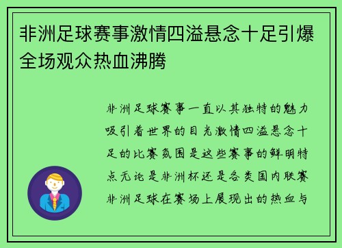 非洲足球赛事激情四溢悬念十足引爆全场观众热血沸腾