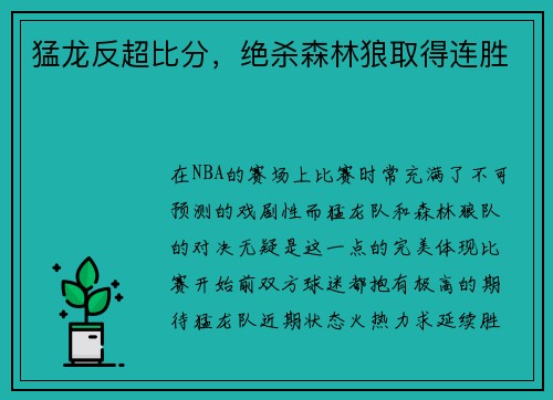 猛龙反超比分，绝杀森林狼取得连胜