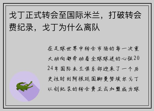 戈丁正式转会至国际米兰，打破转会费纪录，戈丁为什么离队