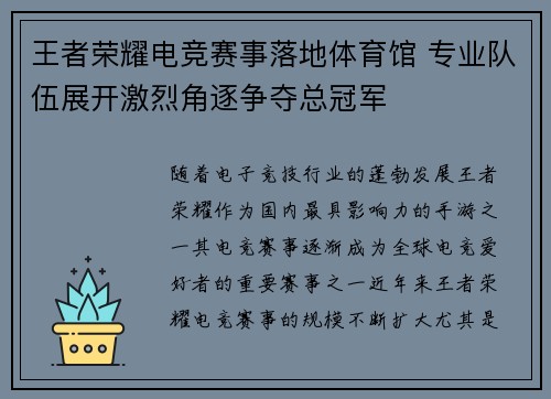 王者荣耀电竞赛事落地体育馆 专业队伍展开激烈角逐争夺总冠军