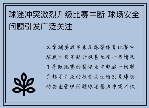 球迷冲突激烈升级比赛中断 球场安全问题引发广泛关注