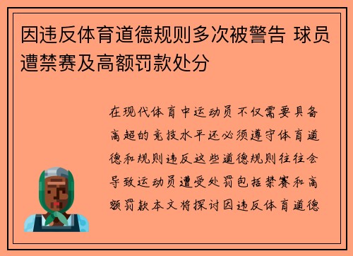 因违反体育道德规则多次被警告 球员遭禁赛及高额罚款处分