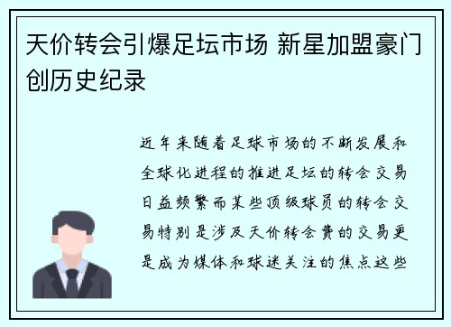 天价转会引爆足坛市场 新星加盟豪门创历史纪录