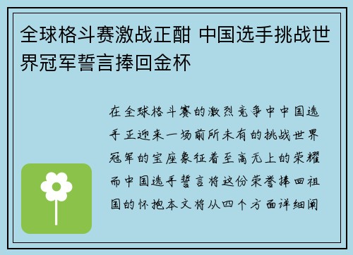 全球格斗赛激战正酣 中国选手挑战世界冠军誓言捧回金杯