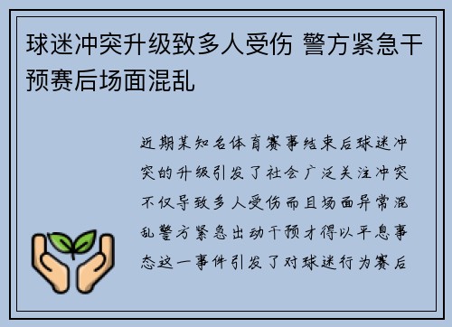 球迷冲突升级致多人受伤 警方紧急干预赛后场面混乱