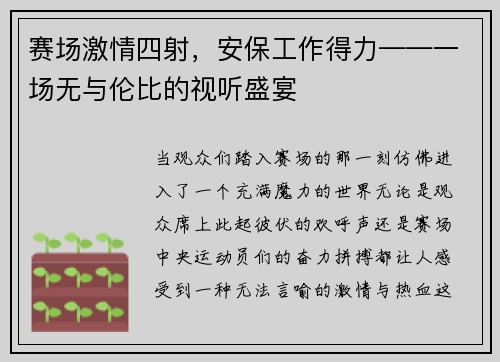 赛场激情四射，安保工作得力——一场无与伦比的视听盛宴