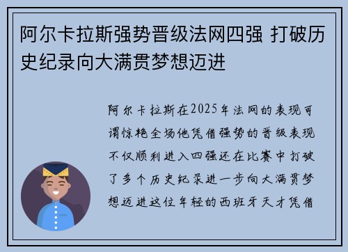 阿尔卡拉斯强势晋级法网四强 打破历史纪录向大满贯梦想迈进